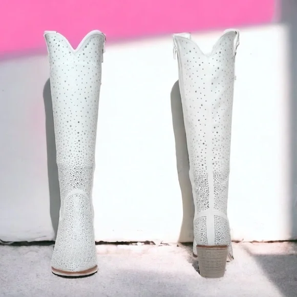 Pierre Dumas White Faux Suede Rhinestone Embellished Tall Western Cowboy Boots - Picture 4 of 5